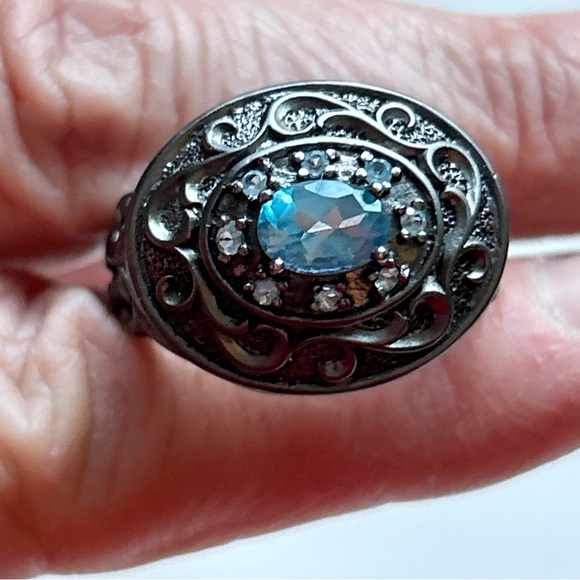 Blue Topaz Oxidized Sterling Silver Ornate Scroll Ring 10 - Picture 15 of 16